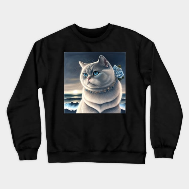 British Shorthair With A Blue Rose Crewneck Sweatshirt by Enchanted Reverie